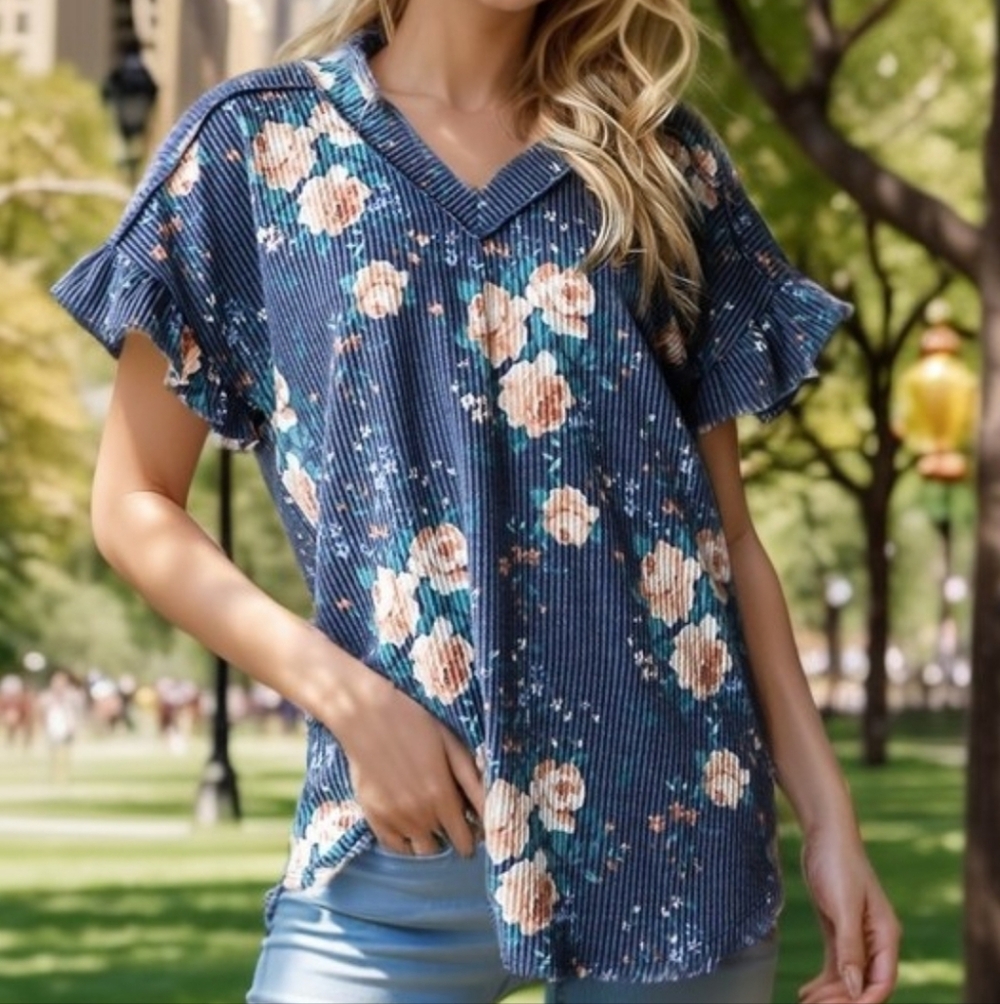 New Heimish Navy Floral Ribbed Top
